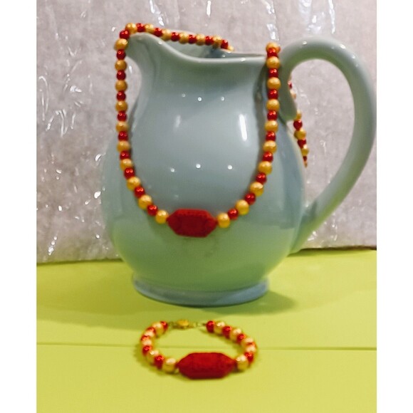Red & Golden beaded  Cinnabar flower focus bead Necklace Bracelet Set Plus size - Picture 1 of 12